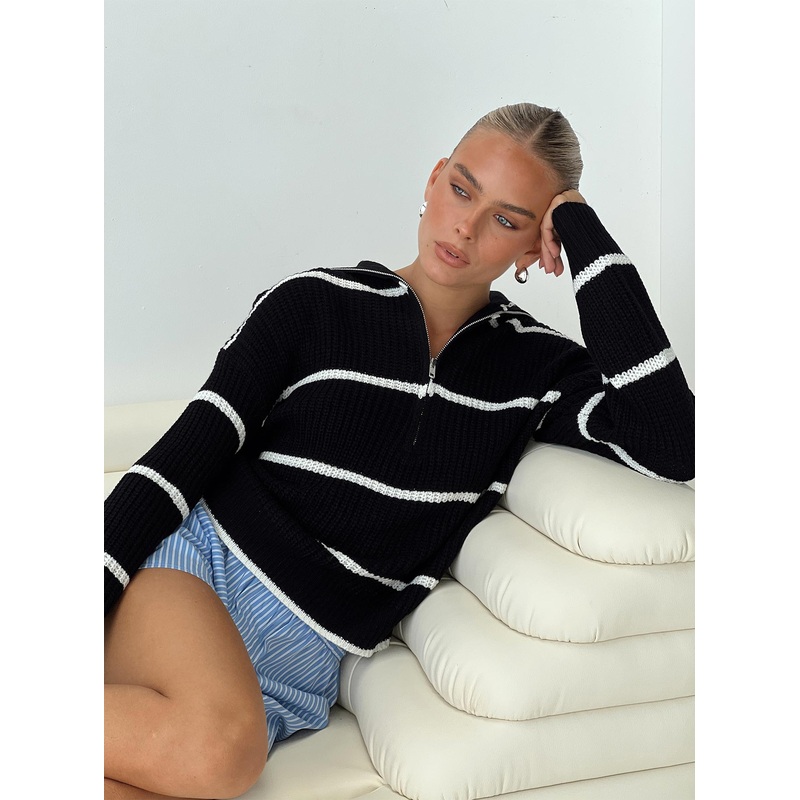 Lilliunna Quarter Zip Front Sweater Black / White Stripe