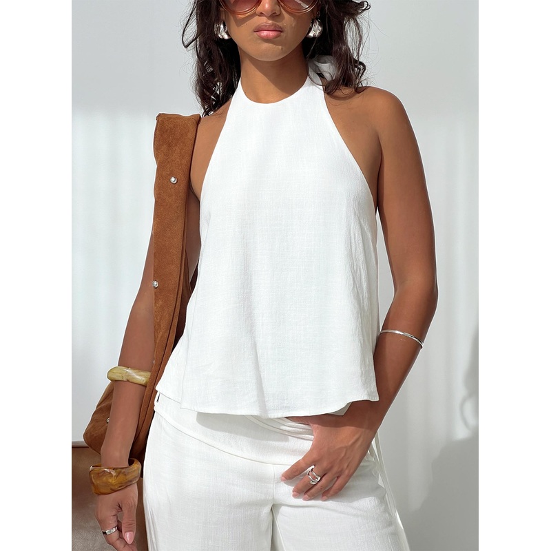 Aquaria Halter Linen Blend Top White