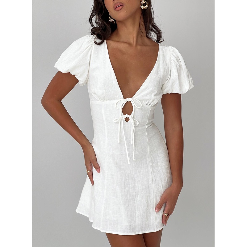 Beloved Puff Sleeve Linen Blend Mini Dress White