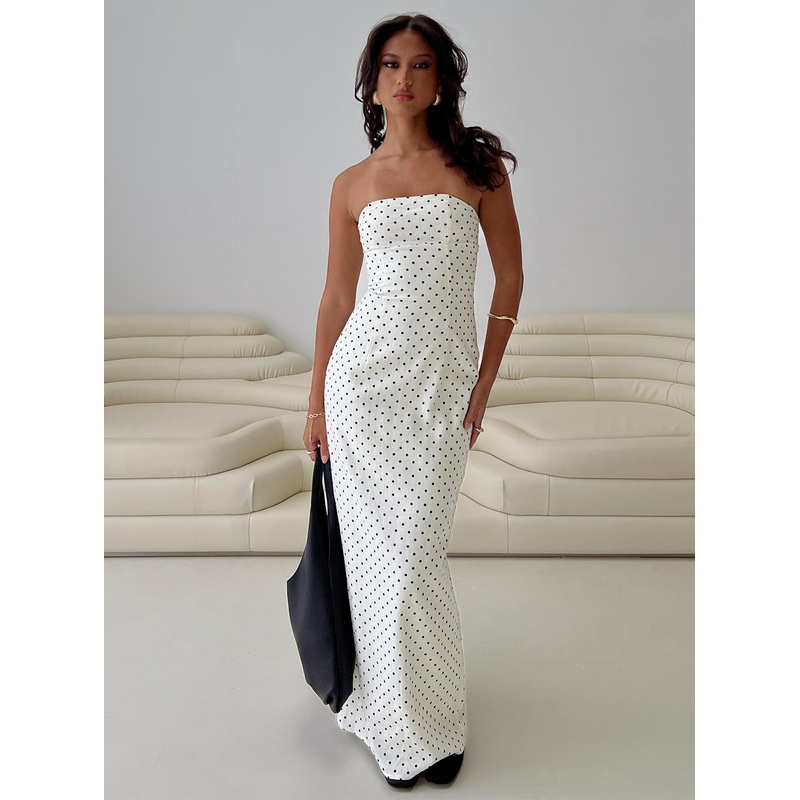 Dovie Linen Blend Strapless Midi Dress Cream Polka