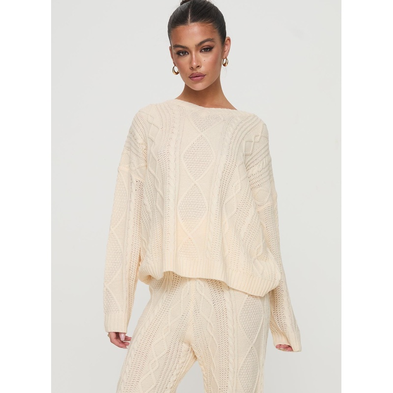 Homey Cable V Neck Sweater Cream
