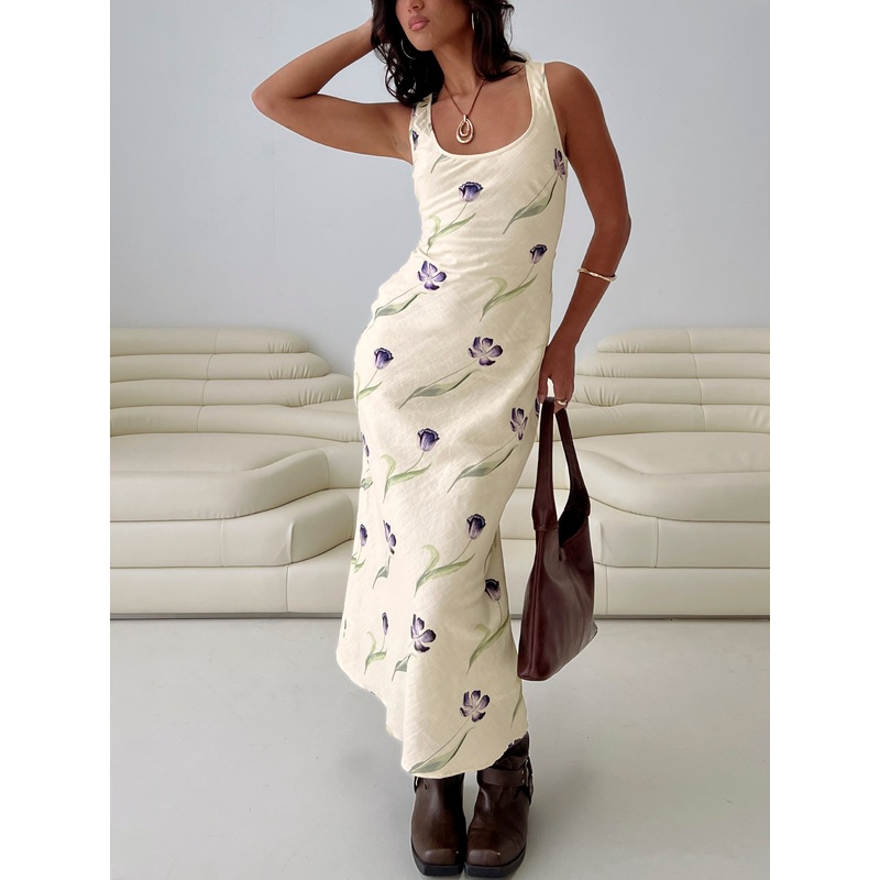 Jessabelle Linen Blend Midi Dress Cream Floral