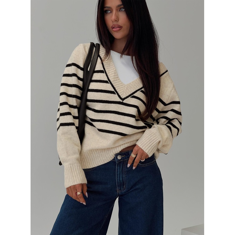 Lunarosa V Neck Sweater Cream/ Black Stripe