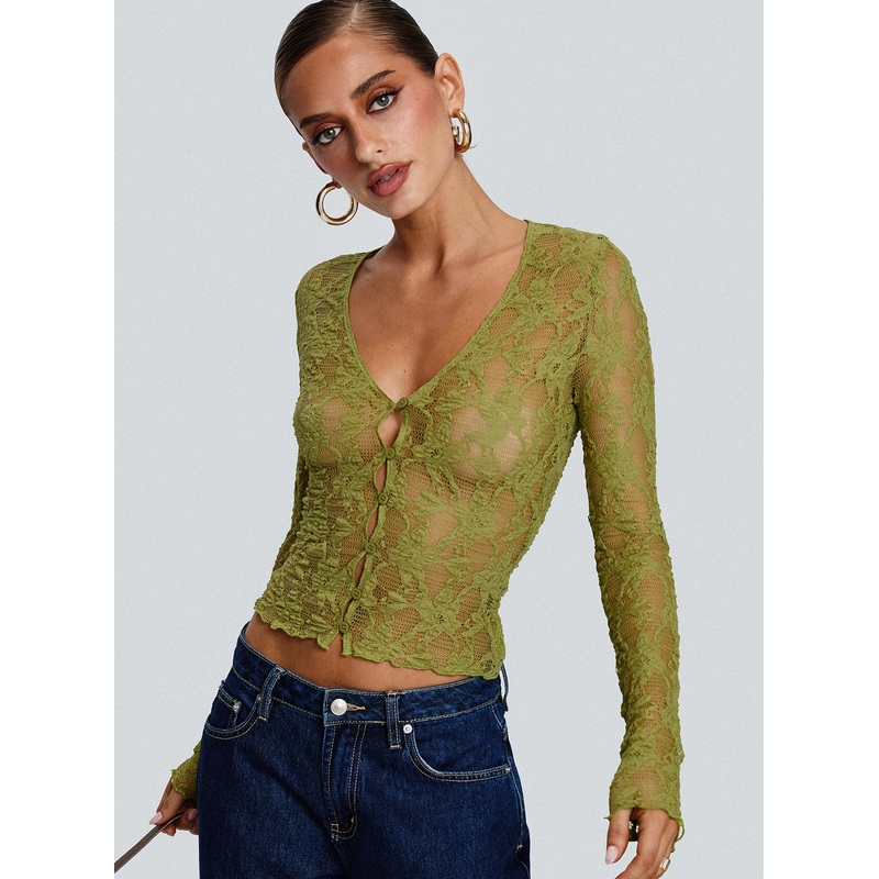 Prized Possessions Sheer Button Up Top Green