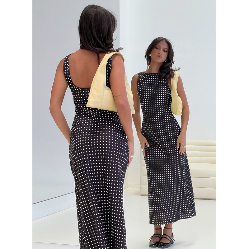 Voyager Linen Blend Midi Dress Black Polka