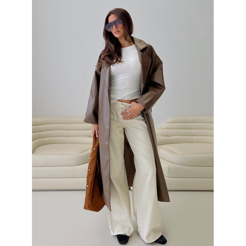 Dime A Dozen Faux Leather Trench Coat Brown