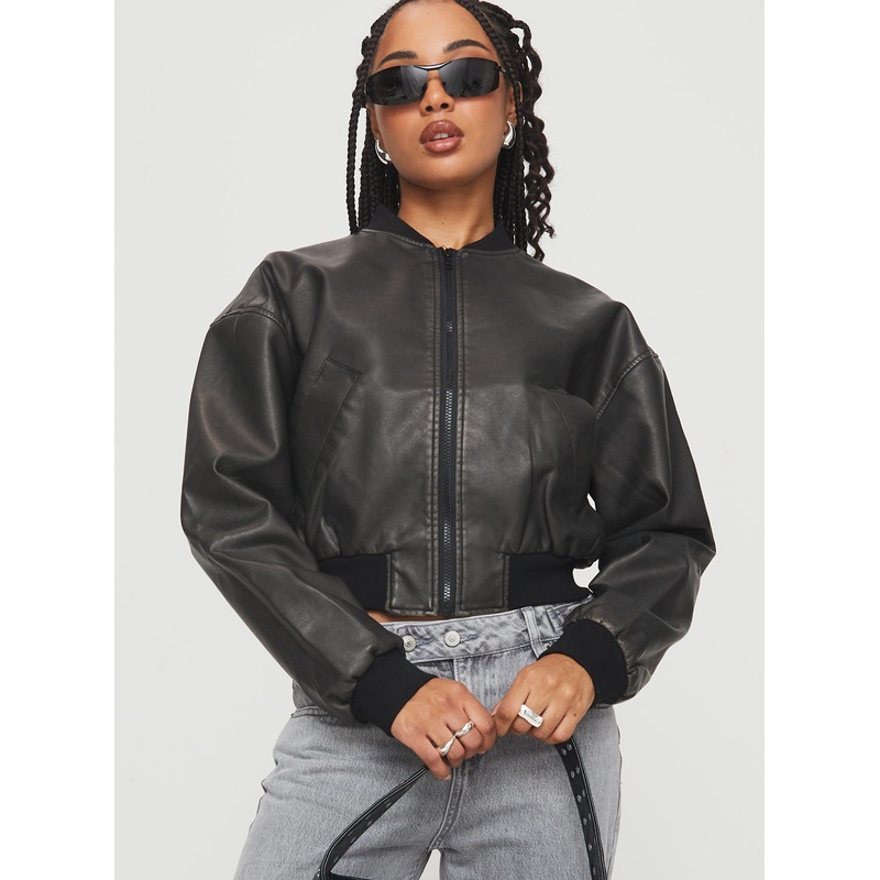 Flaxie Faux Leather Bomber Jacket Black