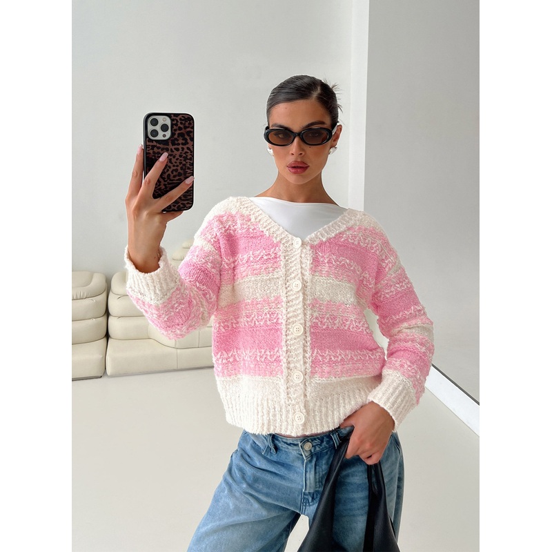 Home Alone Knit Cardigan Pink / White