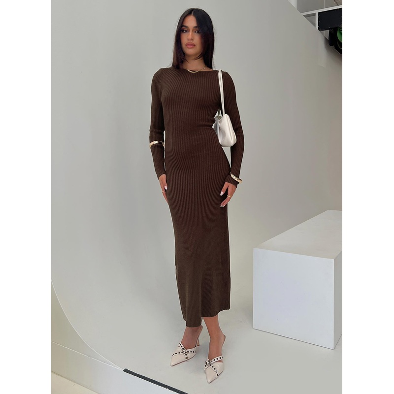 Osment Long Sleeve Knit Maxi Dress Chocolate