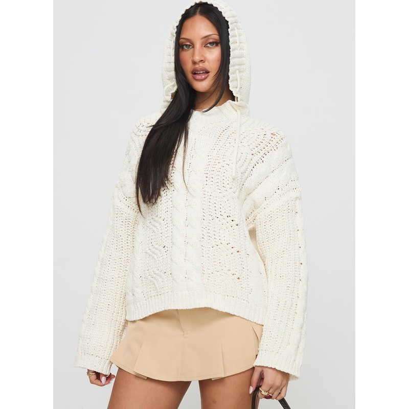 Ozbarne Hooded Cable Knit Sweater Cream