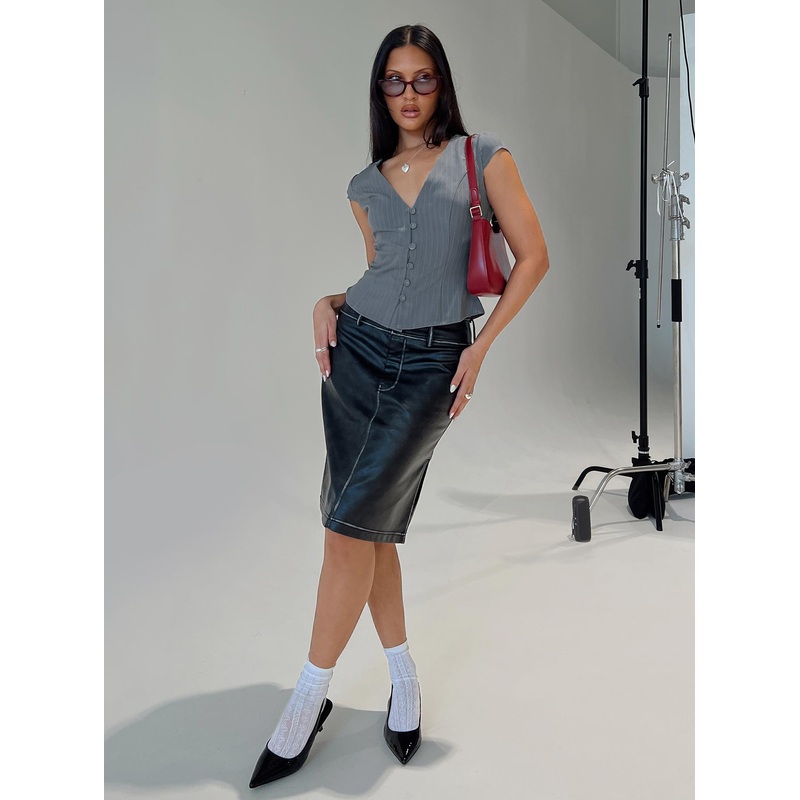 Vietta Faux Leather Midi Skirt Black