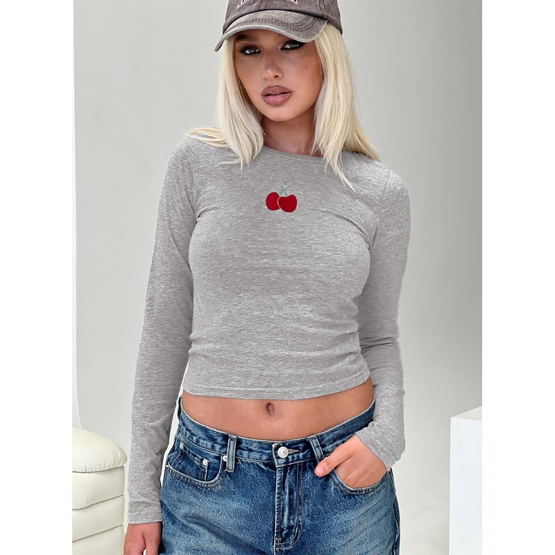 Cherry Love Long Sleeve Top Grey