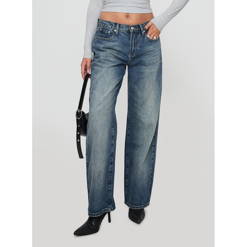Glazed Straight Leg Denim Jeans Mid Blue