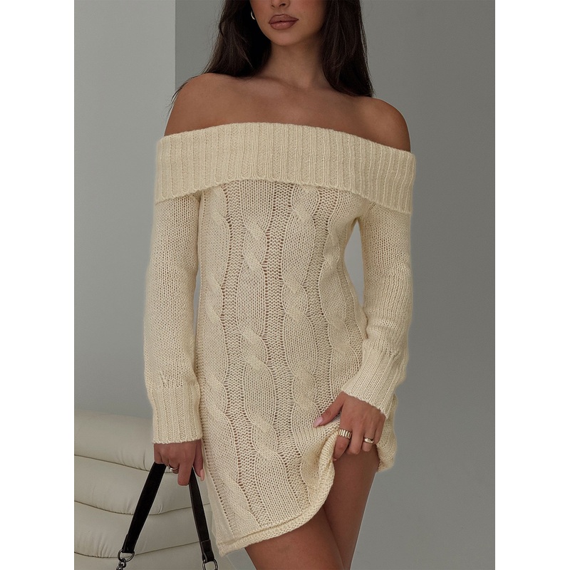 Snow Angel Off Shoulder Knit Jumper Mini Dress Cream