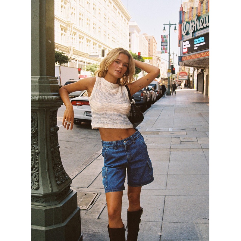 Mika Carpenter Denim Shorts Mid Wash Tall