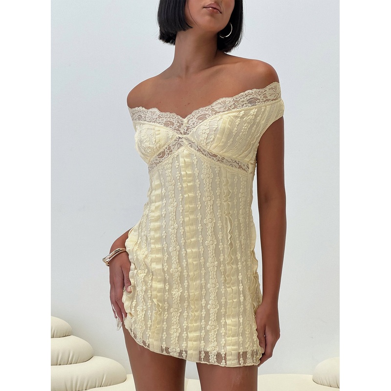 Bonnin Off The Shoulder Lace Mini Dress Yellow