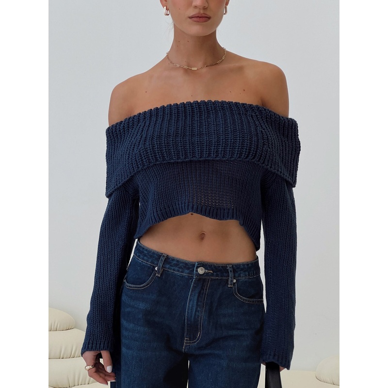 Milky Way Off Shoulder Knit Sweater Blue
