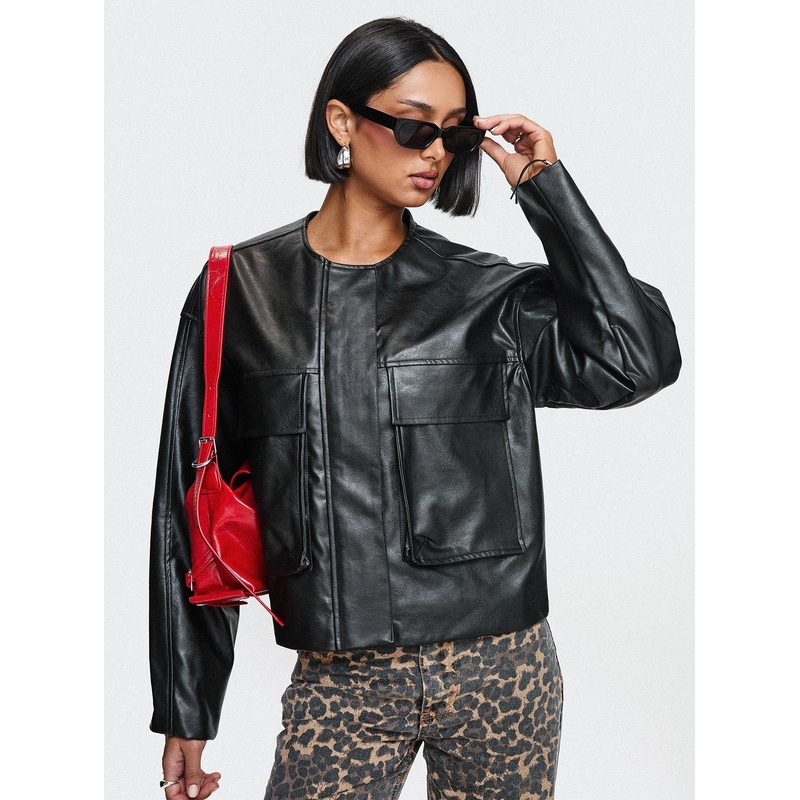 Revival Faux Leather Bomber Jacket Black