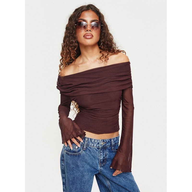 Serenah Mesh Off The Shoulder Top Brown