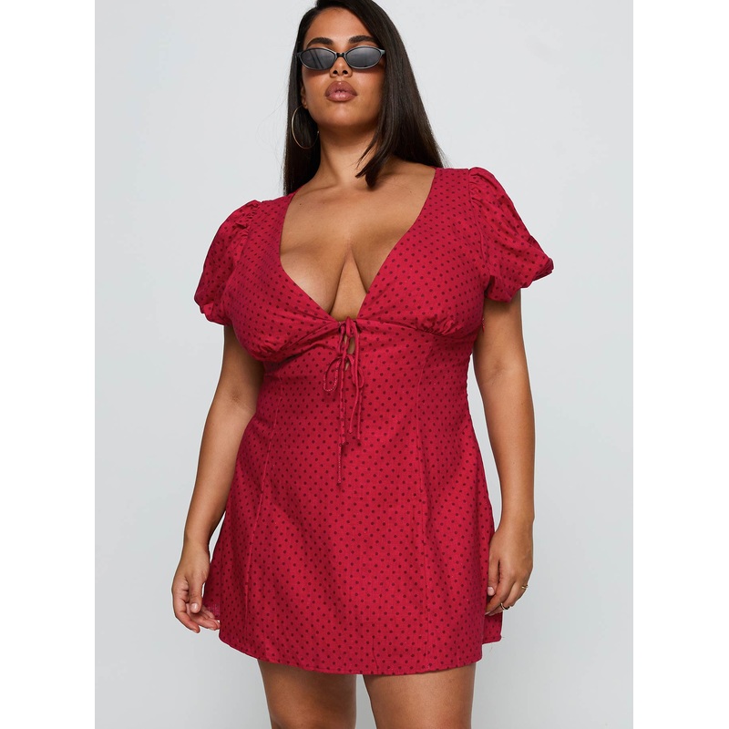 Beloved Puff Sleeve Linen Blend Mini Dress Red Polka Curve