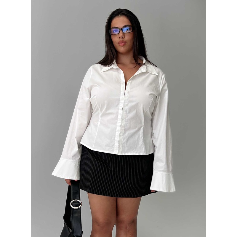 By The Phone Long Sleeve Collared Top White Curve