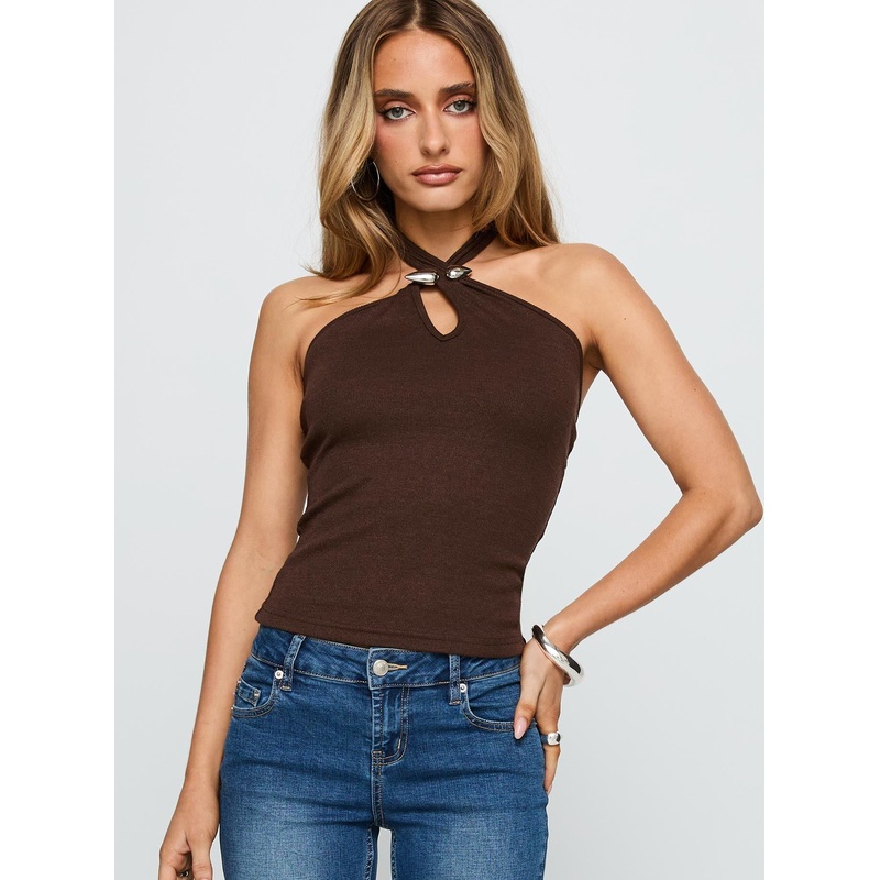 Evandar Hardware Detail Halter Top Brown