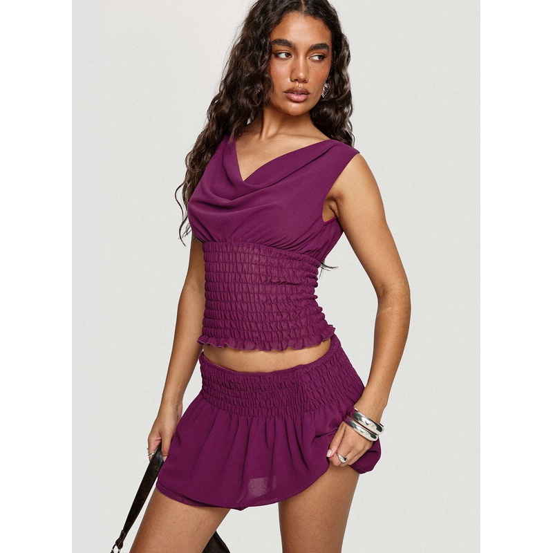 I Belong Shirred Mini Skirt Wine