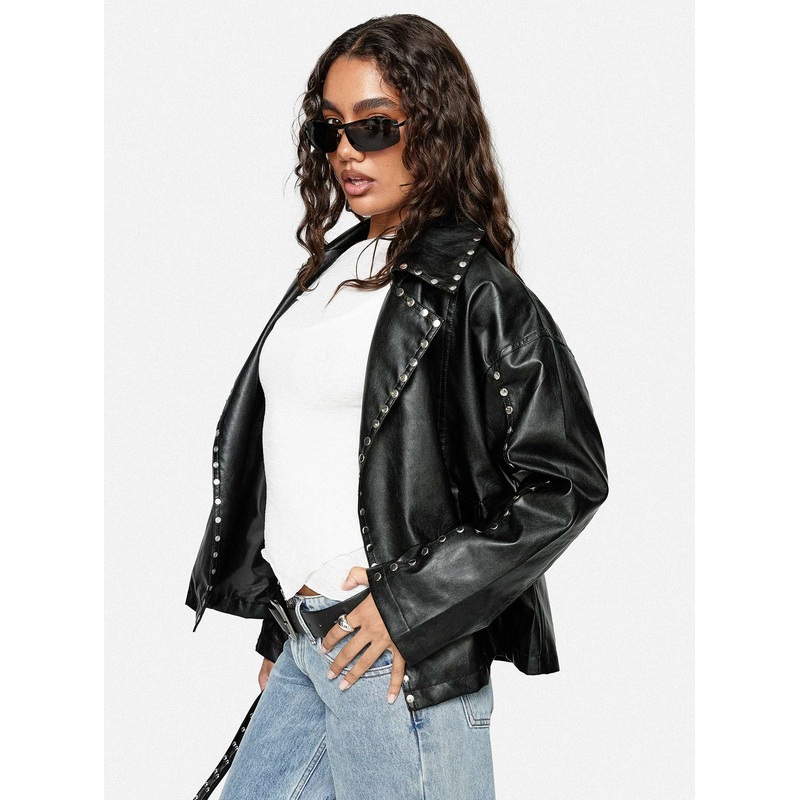 Kaeden Faux Leather Stud Detail Biker Jacket Black