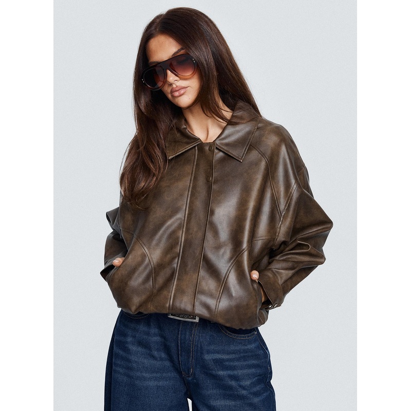 Mixtape Faux Leather Collared Jacket Brown