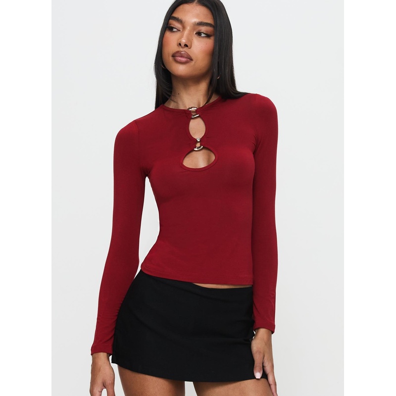 Orlaith Cut Out Long Sleeve Top Burgundy
