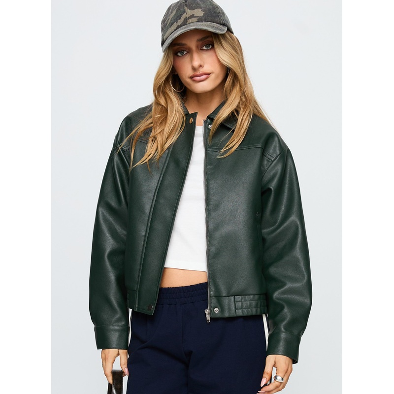 Privilege Faux Leather Bomber Jacket Green
