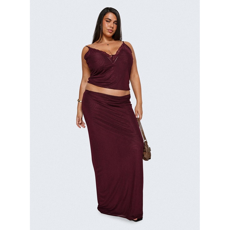Reiko Lace Trim Tie Front Maxi Set Burgundy Curve