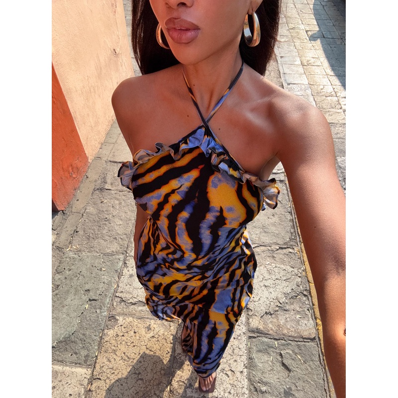 Virginia Beach Backless Maxi Dress Blue Zebra
