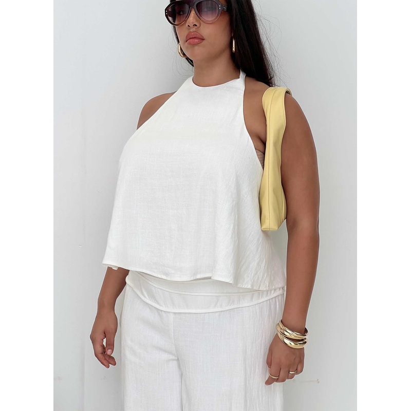 Aquaria Halter Linen Blend Top White Curve