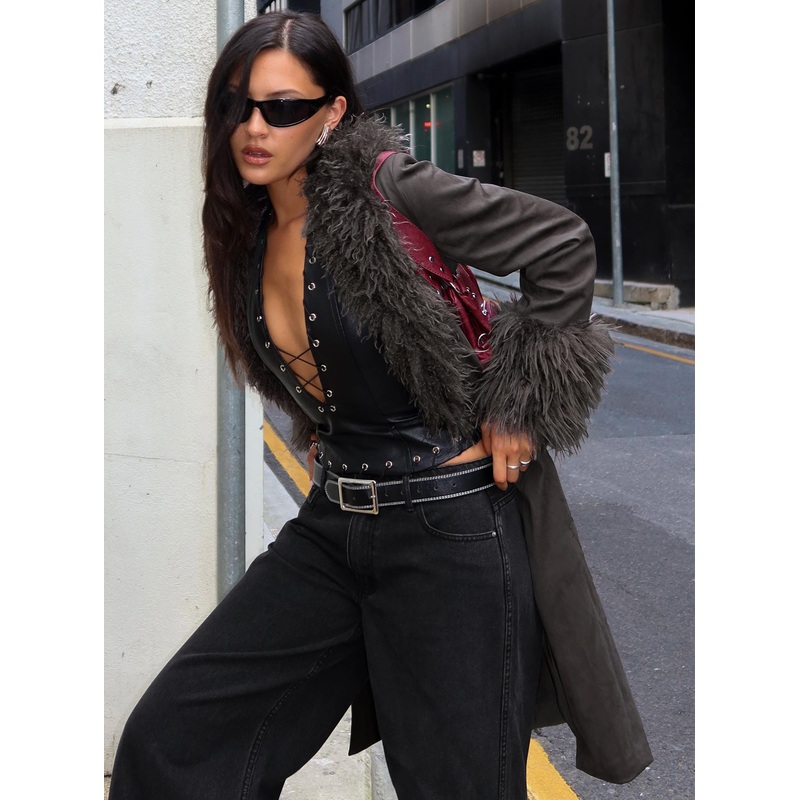 Carry The Feeling Faux Fur Trim Jacket Brown