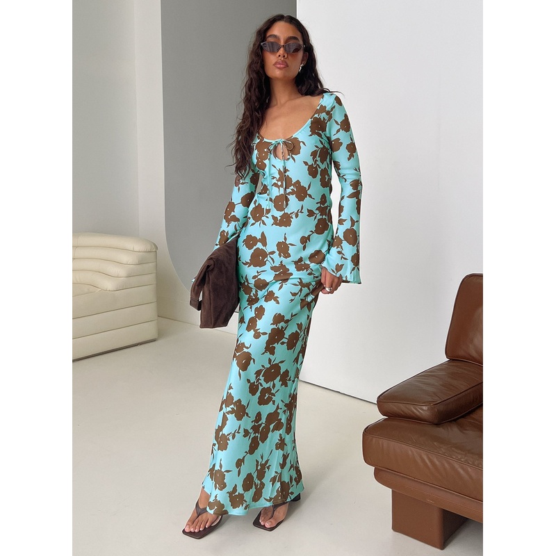 Elorie Long Sleeve Maxi Dress Blue / Brown