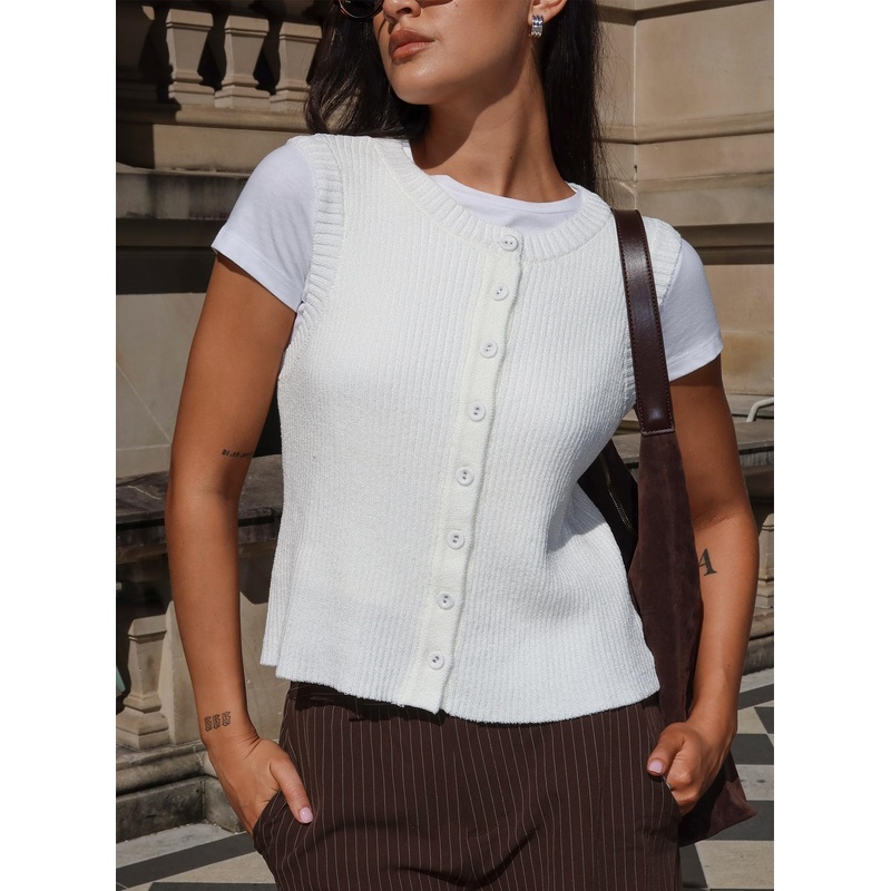 Simie Button Front Rib Top White