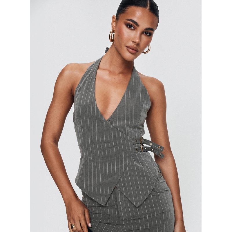 Calexico Buckle Halter Top Grey Pinstripe