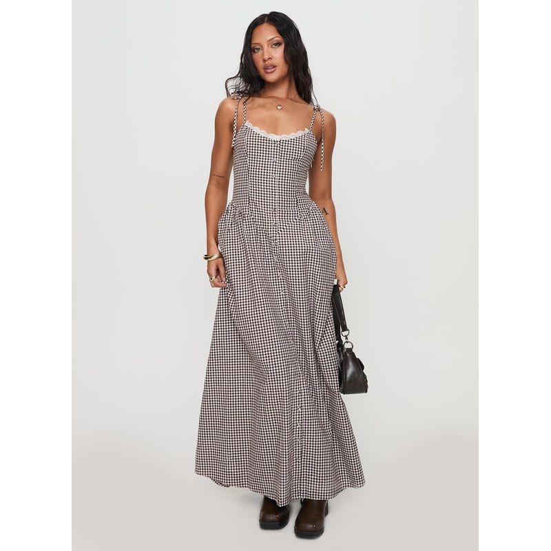 Dalanie Tie Strap Maxi Dress Brown Gingham
