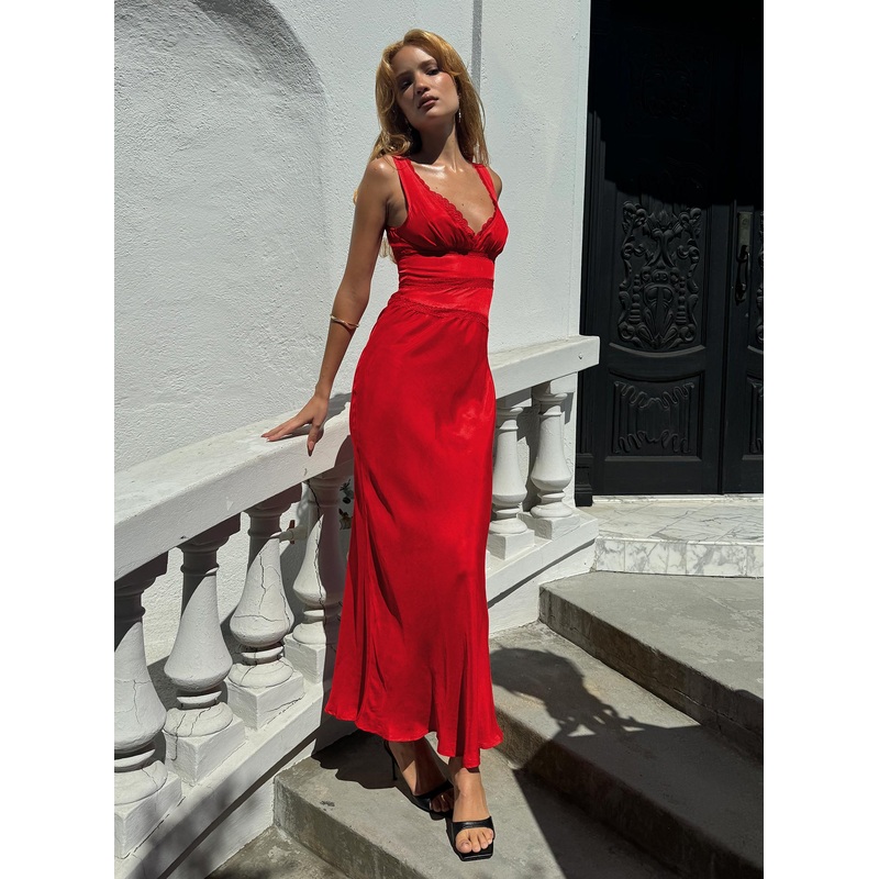 Karlotta Lace Bias Maxi Dress Red
