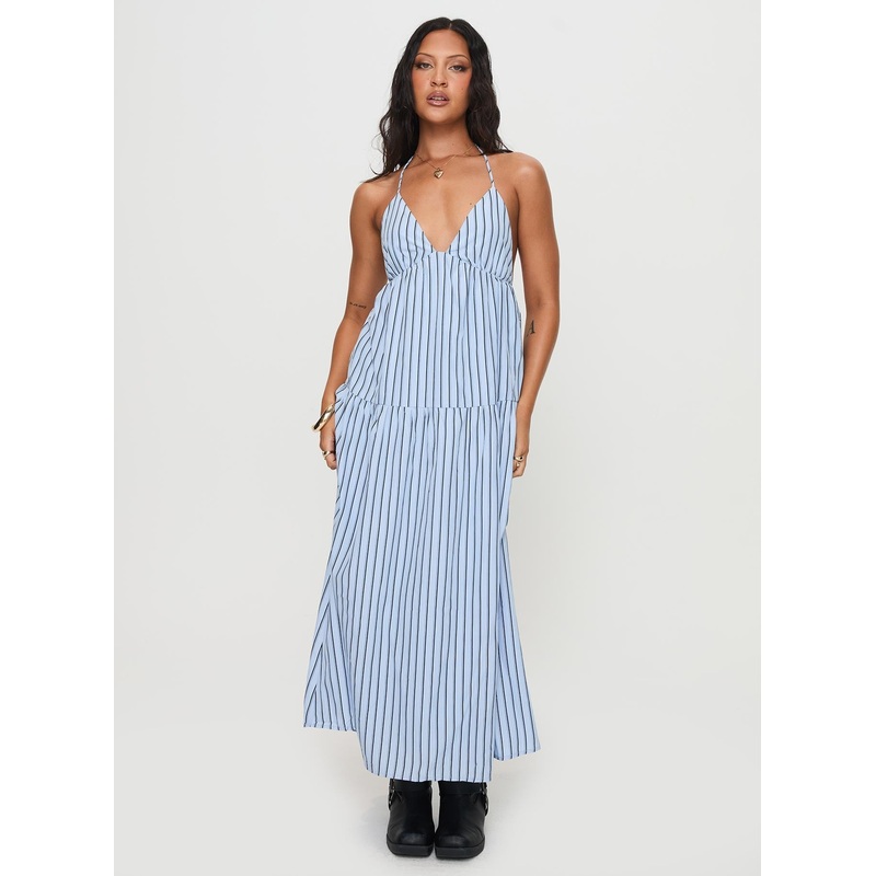 Mazzey Halter Maxi Dress Blue Stripe