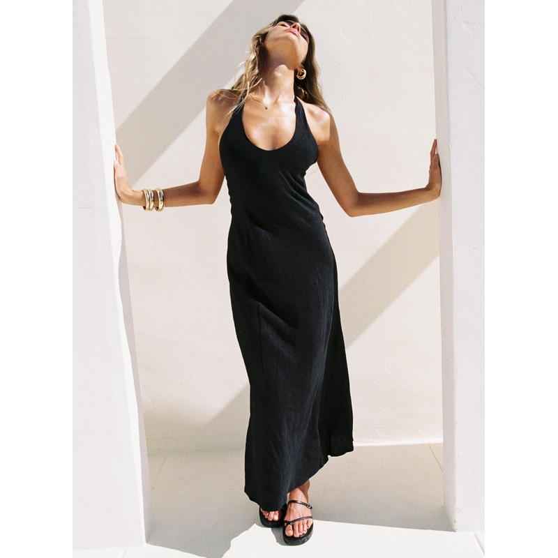 Salone Linen Halter Maxi Dress Black