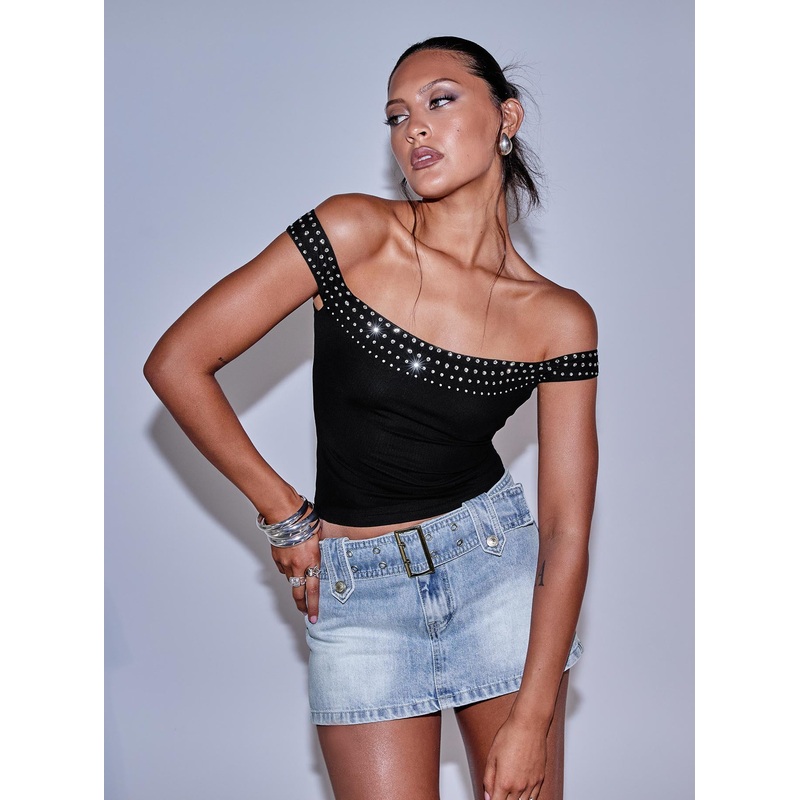 Jewels Off The Shoulder Top Black