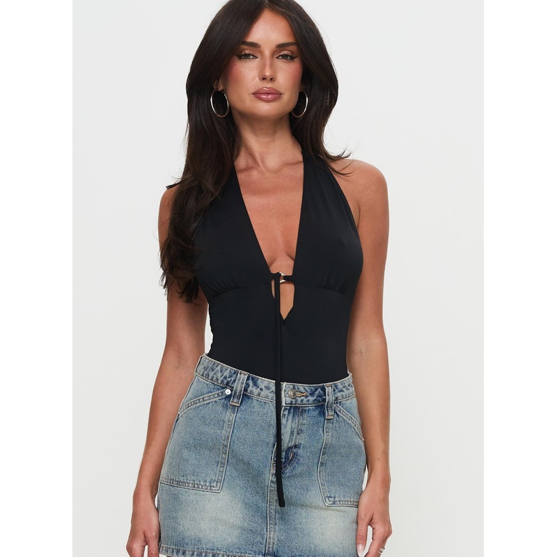 Two Summers Plunge Neck Bodysuit Black