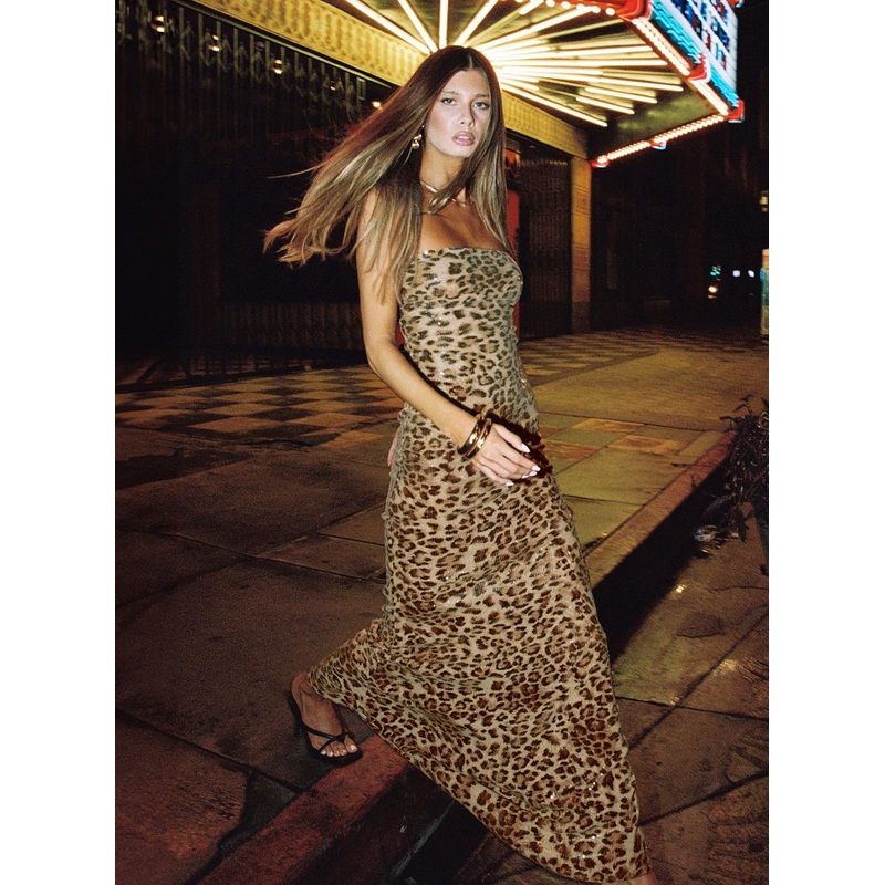 Exquise Strapless Maxi Dress Leopard Sequin