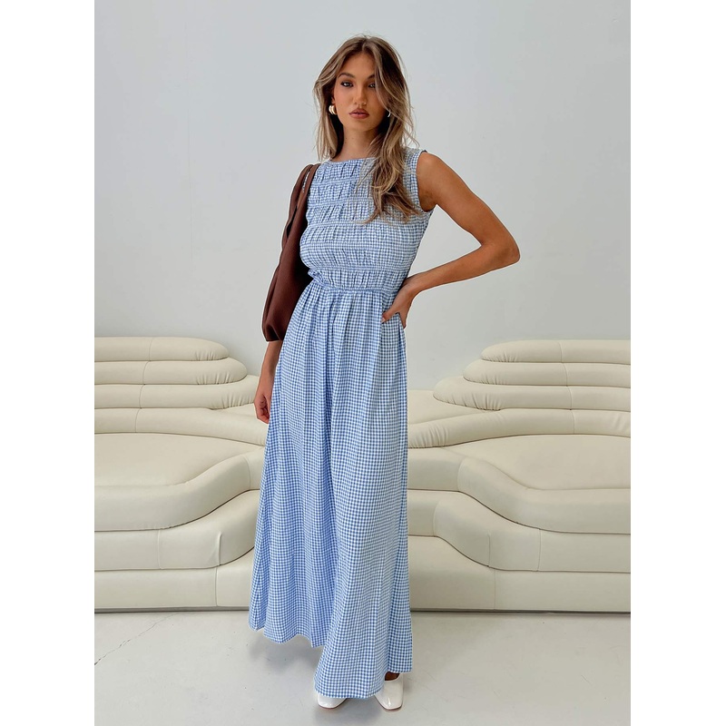 Fables Shirred Maxi Dress Blue Gingham