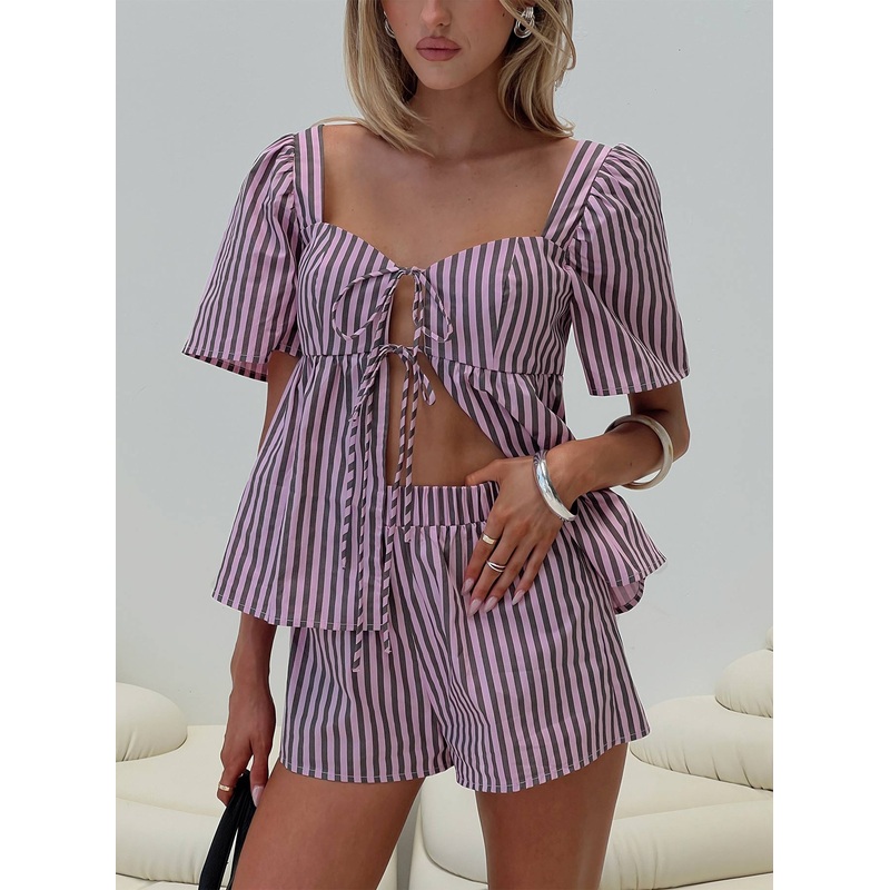 Two Young Hearts Tie Up Set Pink / Brown Stripe