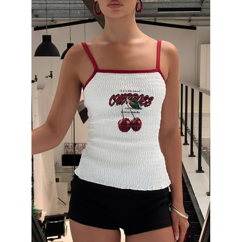 Cherrie Ties Shirred Graphic Top White