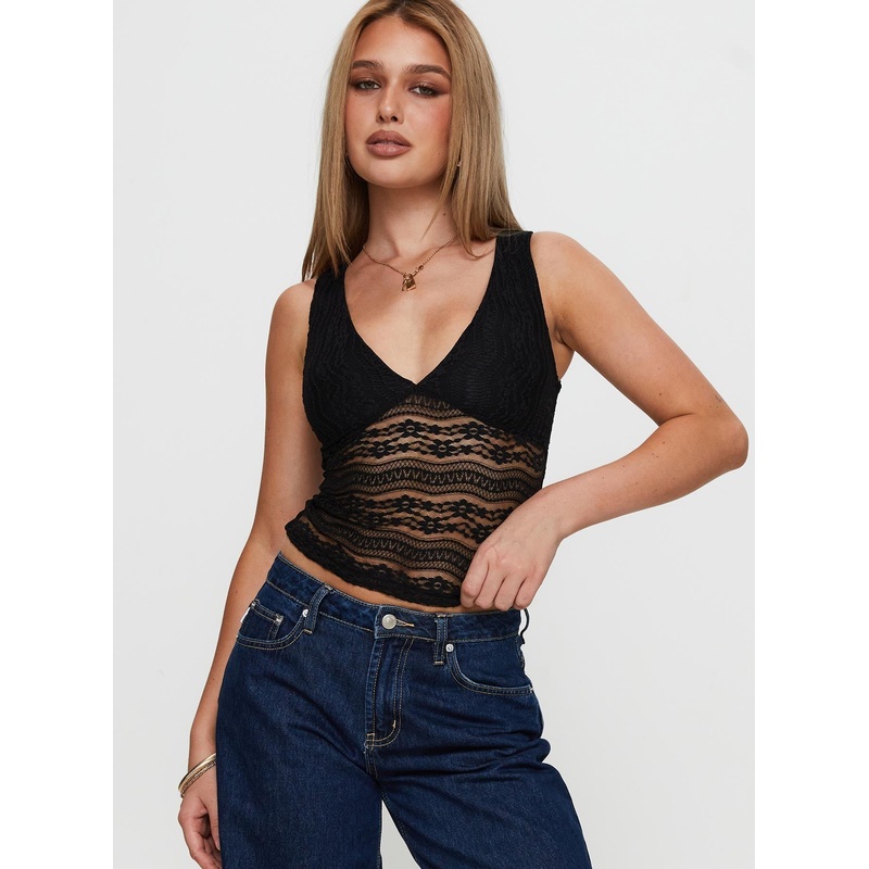 Loxlee Lace Plunge Neck Top Black