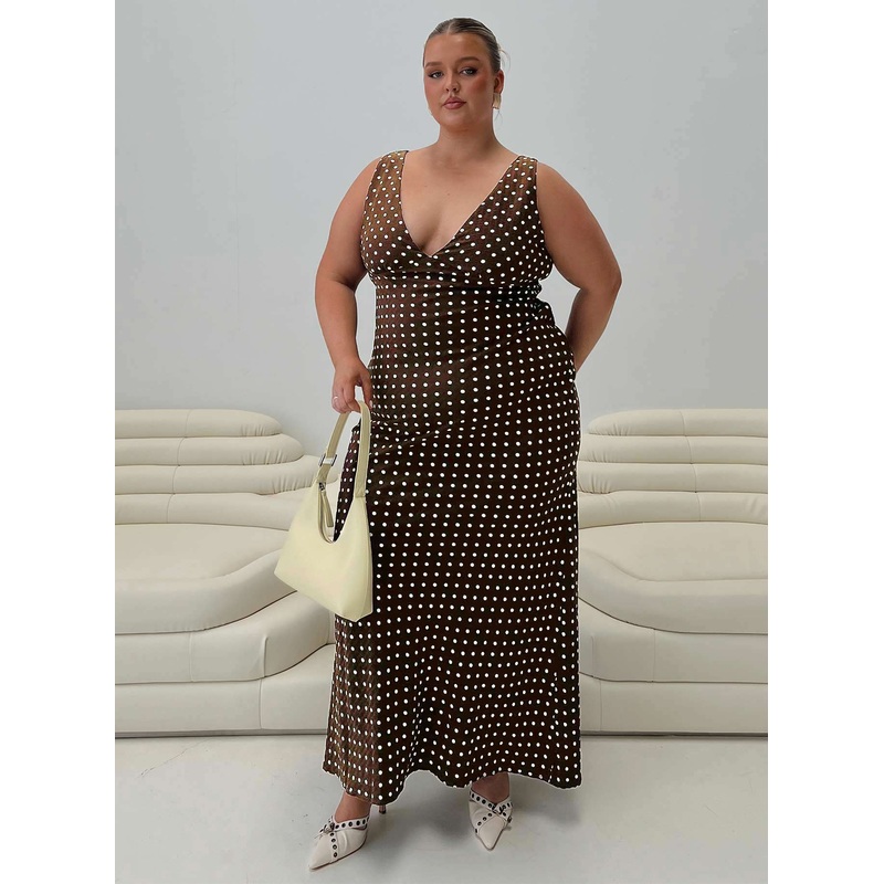 Nellie Maxi Dress Brown Polka Dot Curve